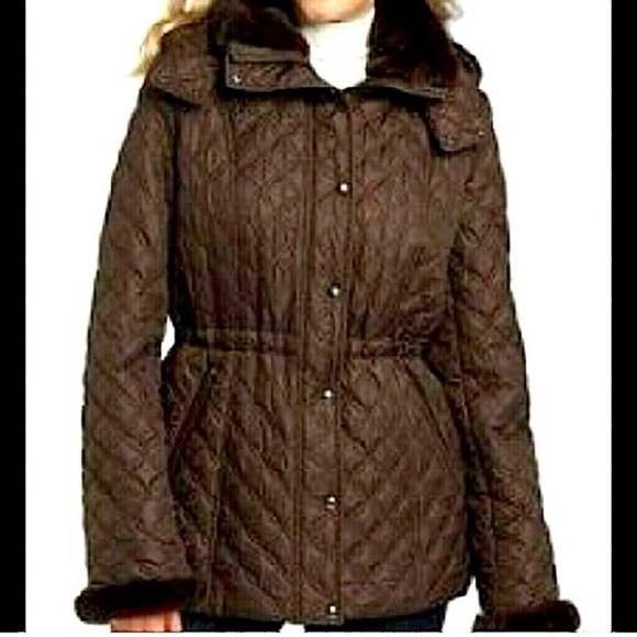 Andrew Marc New York- Quilted Hooded Faux Fur Coat in Rich Brown - Picture 1 of 12